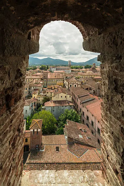 The city of Lucca in Tuscany, Italy, is famous for its medieval architecture and intact city walls.  The Torre Guinigi (english: Guinigi Tower) is a 44.5 meter high tower with oak trees on the top. Beautiful view over the old roofs of lucca.