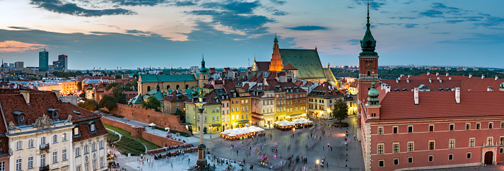 Night Panorama of Royal Castle and Old Town in Warsaw, Poland