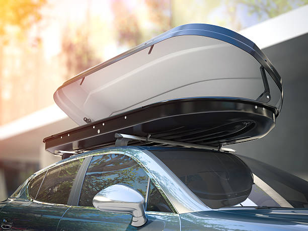 istock Opened roof rack and modern silver car. 3d rendering 598711334