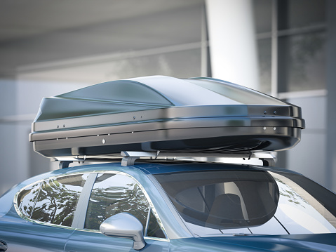 Modern silver car for traveling with a roof rack. 3d rendering
