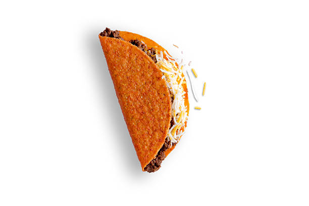 Crunchy delicious burrito with beef and cheese Crunchy delicious burrito filled with spicy ground beef and grated cheddar cheese for a quick takeaway snack viewed high angle on white with copyspace crunchy photos stock pictures, royalty-free photos & images