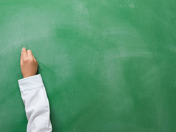 istock Human Hand Holding Piece Of Chalk On Blank Green Chalkboard 598785236