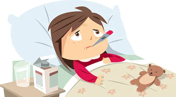 Vector illustration of Sick girl in bed