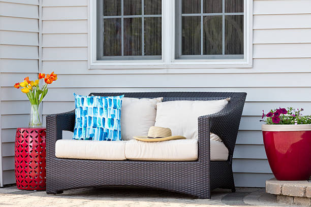 Comfortable outdoor living area on a brick patio