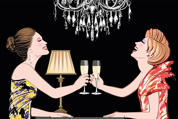 bildbanksillustrationer, clip art samt tecknat material och ikoner med two young happy women with champagne glasses - välbärgad livsstil