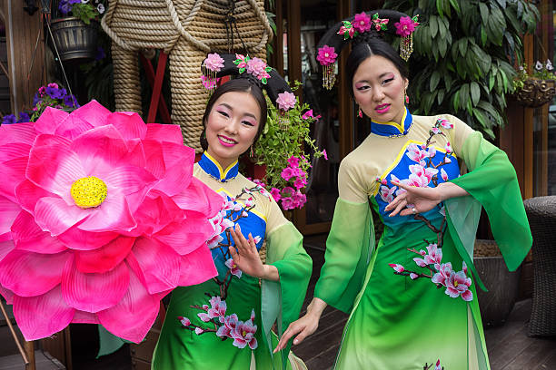 두 아름다운 중국 젊은 여자 에 a 전통적인 드레스 - chinese culture china chinese ethnicity human face 뉴스 사진 이미지