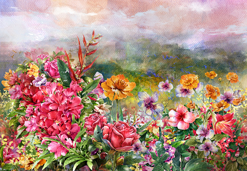 landscape of multicolored flowers watercolor painting style.