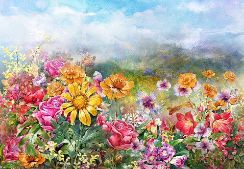 landscape of multicolored flowers watercolor painting style.digital painting