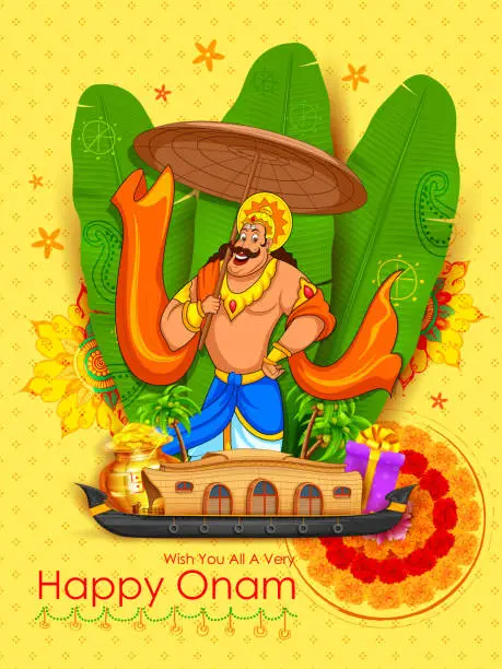 Vector illustration of King Mahabali in Onam background showing culture of Kerala
