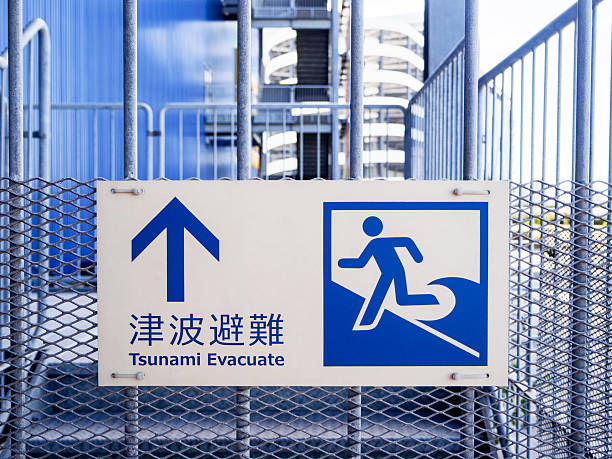 Guidance signs of tsunami evacuation Tsunami Evacuation Guidance Signs 2 emergency exit photos stock pictures, royalty-free photos & images