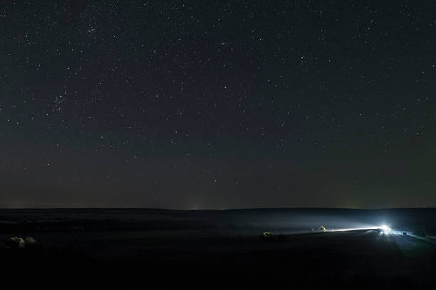 Starry night landscape stock photo
