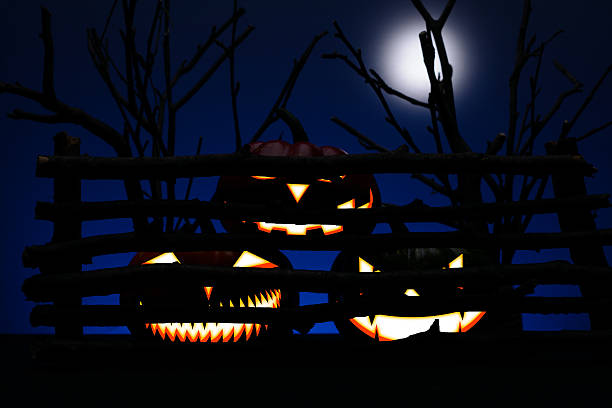 istock Three Halloween pumpkin with scary face 598798276