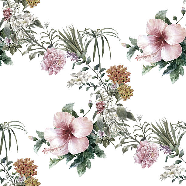 painting of leaf and flowers, seamless pattern