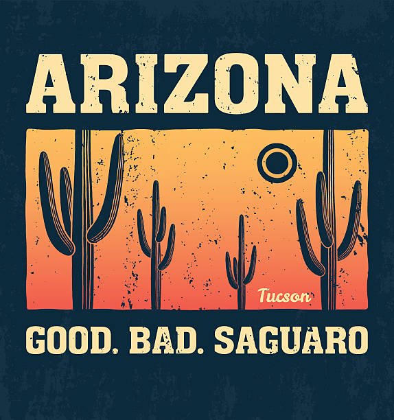 аризона футболка дизайн, печать, типография, этикетка с кактусом сагуаро - arizona phoenix desert tucson stock illustrations