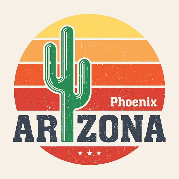 arizona t-shirt design, nadruk, typografia, etykieta ze stylizowanym kaktusem saguaro - arizona phoenix desert tucson stock illustrations