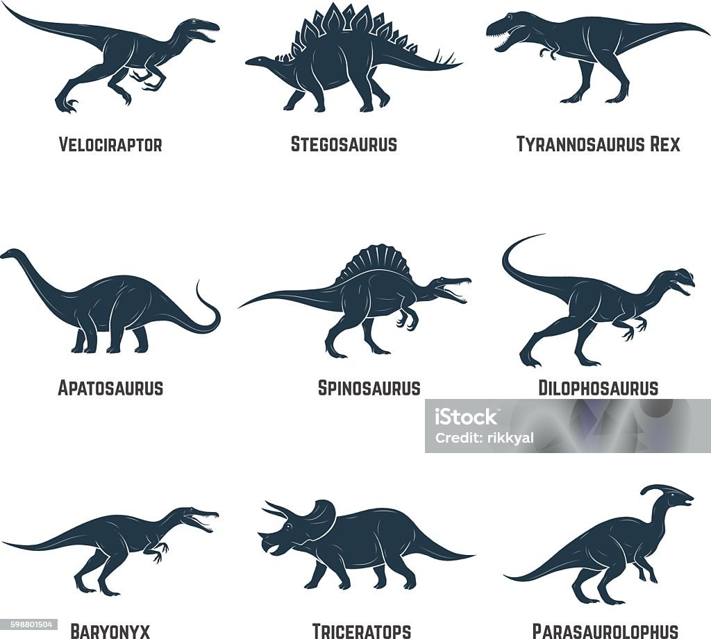 Set of dinosaurs vector icons, silhouettes, signs, emblems. Set of dinosaurs vector icons, silhouettes, signs, emblems. Vector illustration. Dinosaur stock vector