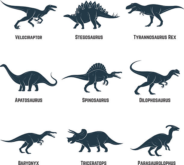 Set of dinosaurs vector icons, silhouettes, signs, emblems. Set of dinosaurs vector icons, silhouettes, signs, emblems. Vector illustration. raptor dinosaur stock illustrations
