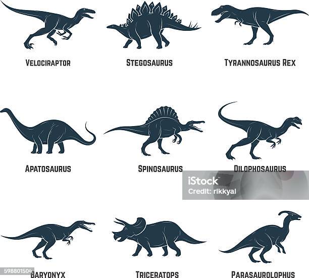 Set Of Dinosaurs Vector Icons Silhouettes Signs Emblems Stock Illustration - Download Image Now