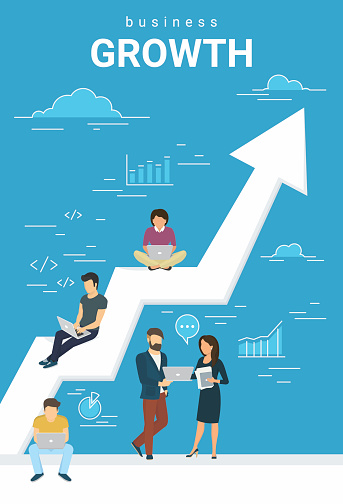 Business growth concept illustration of business people working together as team and sitting on the big arrow. Flat people working with laptops to develop business. Blue business poster