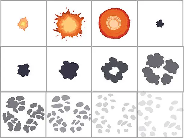 Vector illustration of Explode effect animation with smoke and clouds.