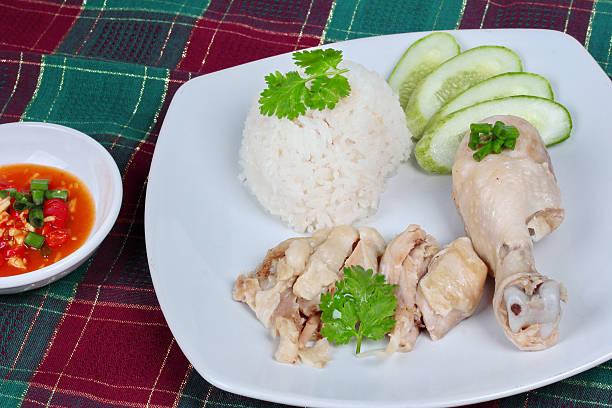 istock Streamed oily rice and streamed chicken   with spicy sauce. 598810640