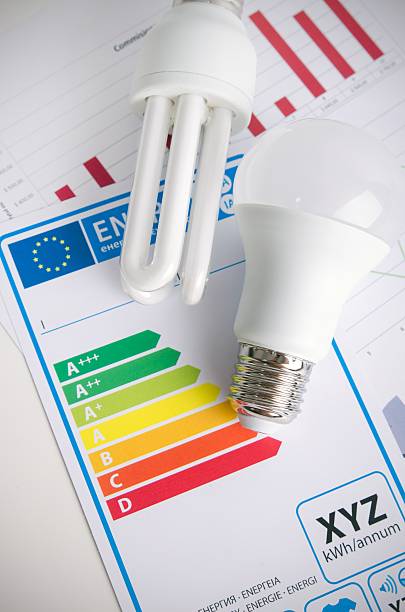 светодиодная лампочка на графике энергоэффективности - home energy audits rheem стоковые фото и изображения
