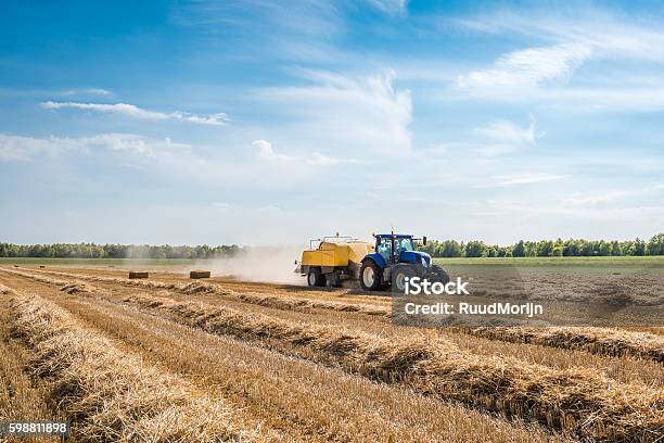 Mechanized Picking Straw And Square Baling Stock Photo - Download Image Now - Agriculture, Tractor, Rural Scene