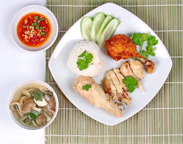 istock Streamed oily rice and streamed chicken and crisy chicken. 598812830