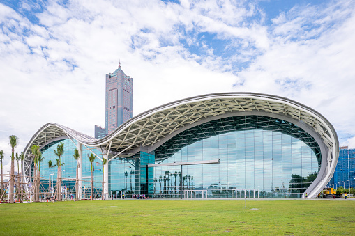 Kaohsiung, Taiwan - September 3, 2016: Kaohsiung Exhibition Center (KEC) and Tuntex Sky Tower, the tallest building in Kaohsiung. 