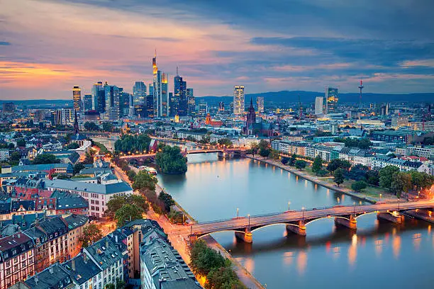 Image of Frankfurt am Main skyline during twilight blue hour.