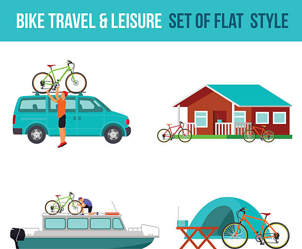 Bicycle travel and leisure Bicycle travel and leisure. River boat, minivan, camping. Vector flat Illustration. Web graphics, banners, advertisements, brochures, business templates Isolated on a white background watertaxi stock illustrations