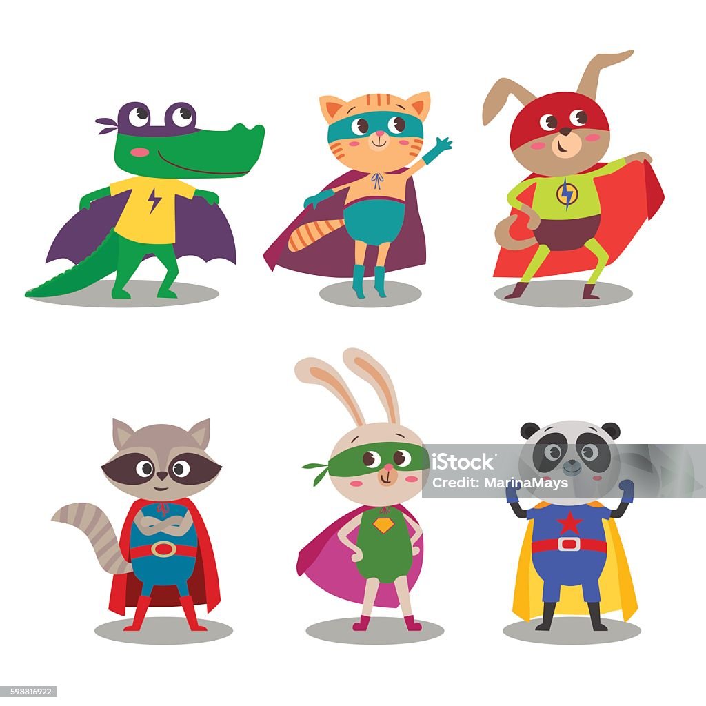 Superhero animal kids. Cartoon vector illustration Superhero animal kids. Cartoon vector illustration. Little cat, dog, panda, raccoon, rabbit and crocodile in superheroes costume Animal stock vector
