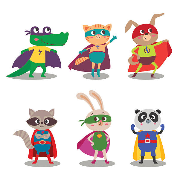Superhero animal kids. Cartoon vector illustration Superhero animal kids. Cartoon vector illustration. Little cat, dog, panda, raccoon, rabbit and crocodile in superheroes costume mascot costume stock illustrations