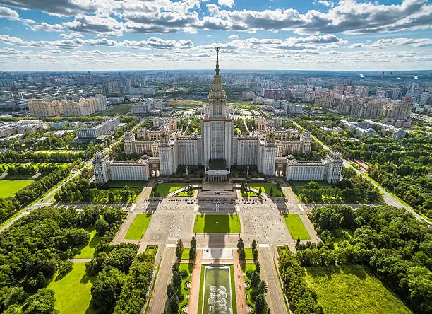 Aerial view of Lomonosov Moscow State University (MGU) on Sparrow Hills, Moscow, Russia