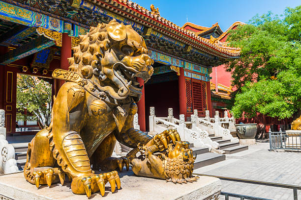 Bronze lion in the Hall of Supreme Harmony in Forbidden Bronze lion in front of the Hall of Supreme Harmony in Beijing Forbidden City, Forbidden City is one of China's landmarks forbidden city stock pictures, royalty-free photos & images