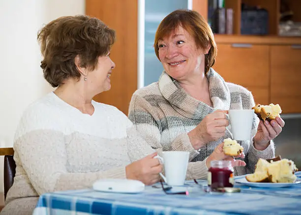 Smiling senior women having nice conversation while tea drinking