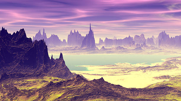 istock Fantasy alien planet. Mountain and lake. 3D  rendering 598823354