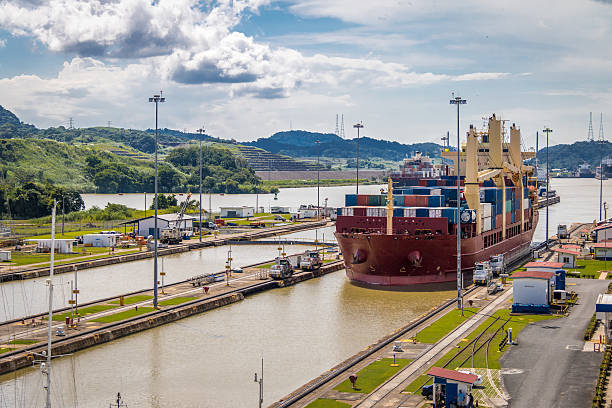 istock Ship crossing Panama Canal at Miraflores Locks 598823548