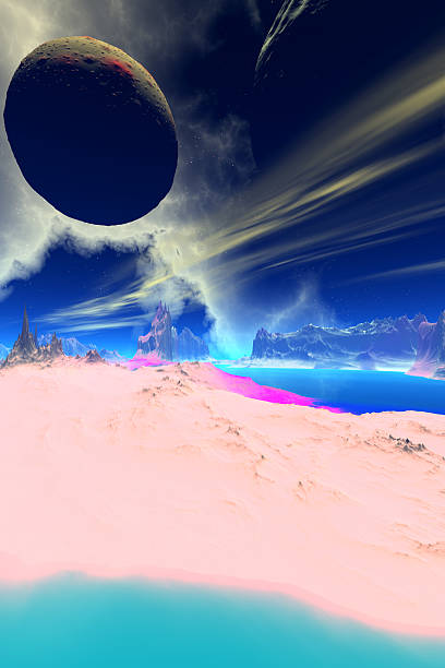 istock Fantasy alien planet. Mountain and lake. 3D  rendering 598823744