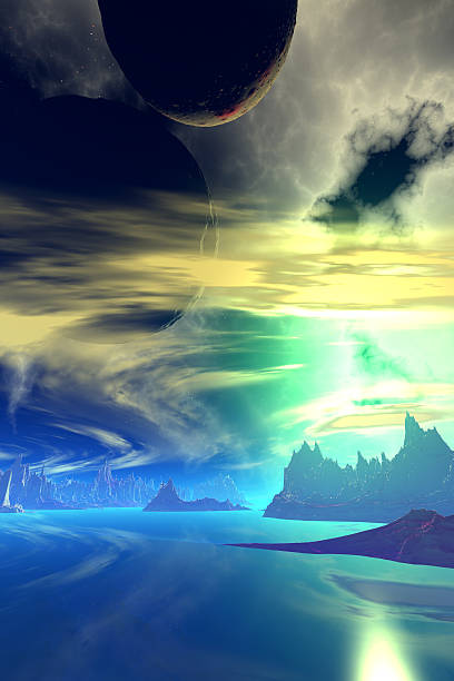 istock Fantasy alien planet. Mountain and lake. 3D  rendering 598823812