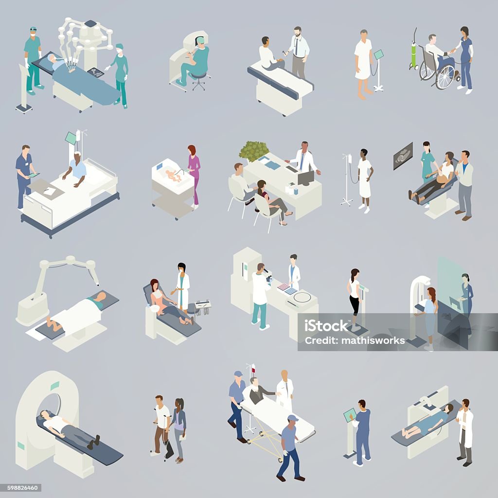 Medical Procedures Illustration 20 spot illustrations of medical procedures and related icons, presented in isometric view and in a flat, consistent color palette. Includes: robot-assisted surgery, medical consultations, checking blood pressure, attending to a newborn, sonogram, non-invasive radiation treatment, dental visit, blood or pharmaceutical lab analysis, weight scale during checkup, mammogram, MRI/CT scan/Pet scan, physical therapy, an injured man with neck brace in gurney with paramedics, and a woman receiving an x-ray. Isometric Projection stock vector