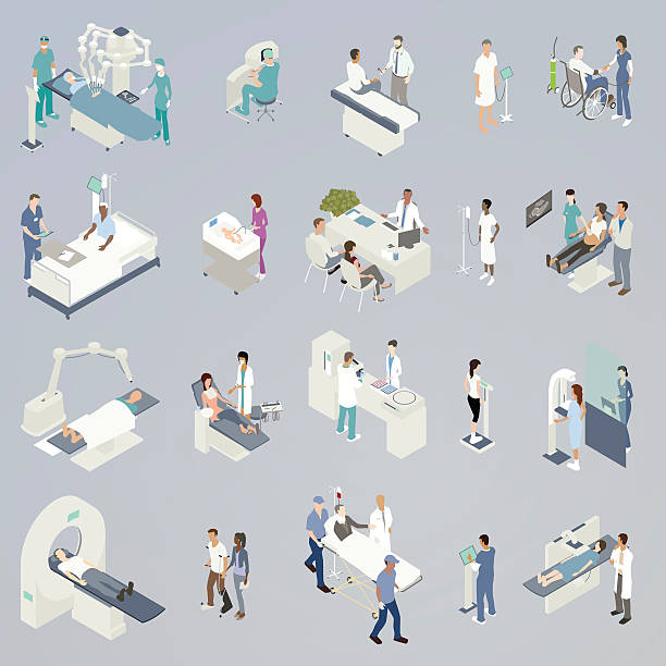 Medical Procedures Illustration 20 spot illustrations of medical procedures and related icons, presented in isometric view and in a flat, consistent color palette. Includes: robot-assisted surgery, medical consultations, checking blood pressure, attending to a newborn, sonogram, non-invasive radiation treatment, dental visit, blood or pharmaceutical lab analysis, weight scale during checkup, mammogram, MRI/CT scan/Pet scan, physical therapy, an injured man with neck brace in gurney with paramedics, and a woman receiving an x-ray. radiology doctor stock illustrations