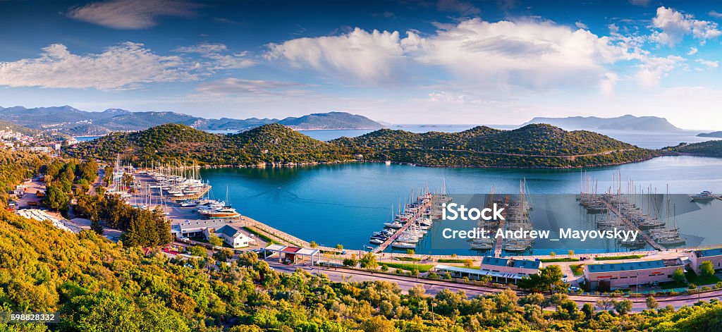 View from the bird's eye of the Kas city View from the bird's eye of the Kas city, district of Antalya Province of Turkey, Asia. Colorful spring panorama of small Mediterranean yachting and tourist town. Kas Stock Photo