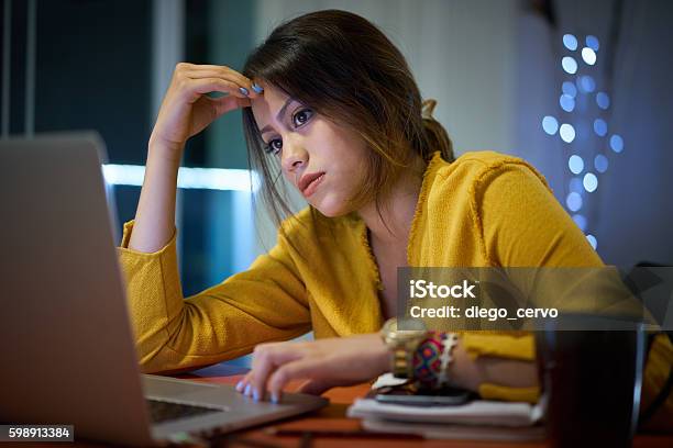 Pensive Girl College Student Studying At Night Stock Photo - Download Image Now - Emotional Stress, Latin American and Hispanic Ethnicity, University Student