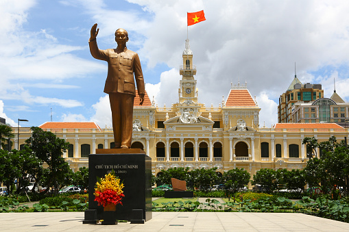 Siagon, Vietnam - August 10, 2016: the statue of Ho Chi Minh in town center. No people.