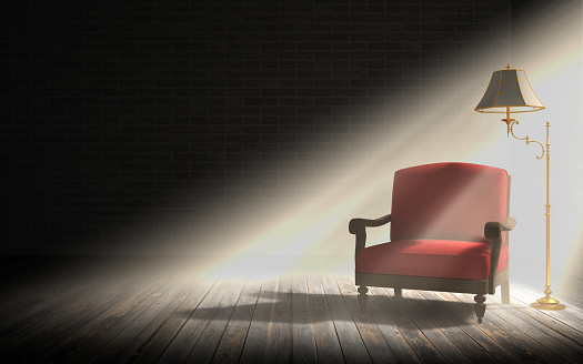 Living room interior, red armchair and classic floor lamp in dark room with sunlight rays, 3D rendering 