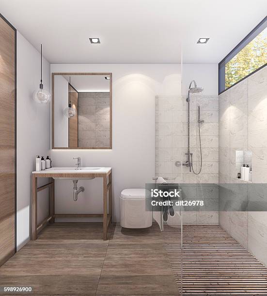 3d Rendering Nice Tone Bathroom With Good Decoration Stockfoto en meer beelden van Badkamer