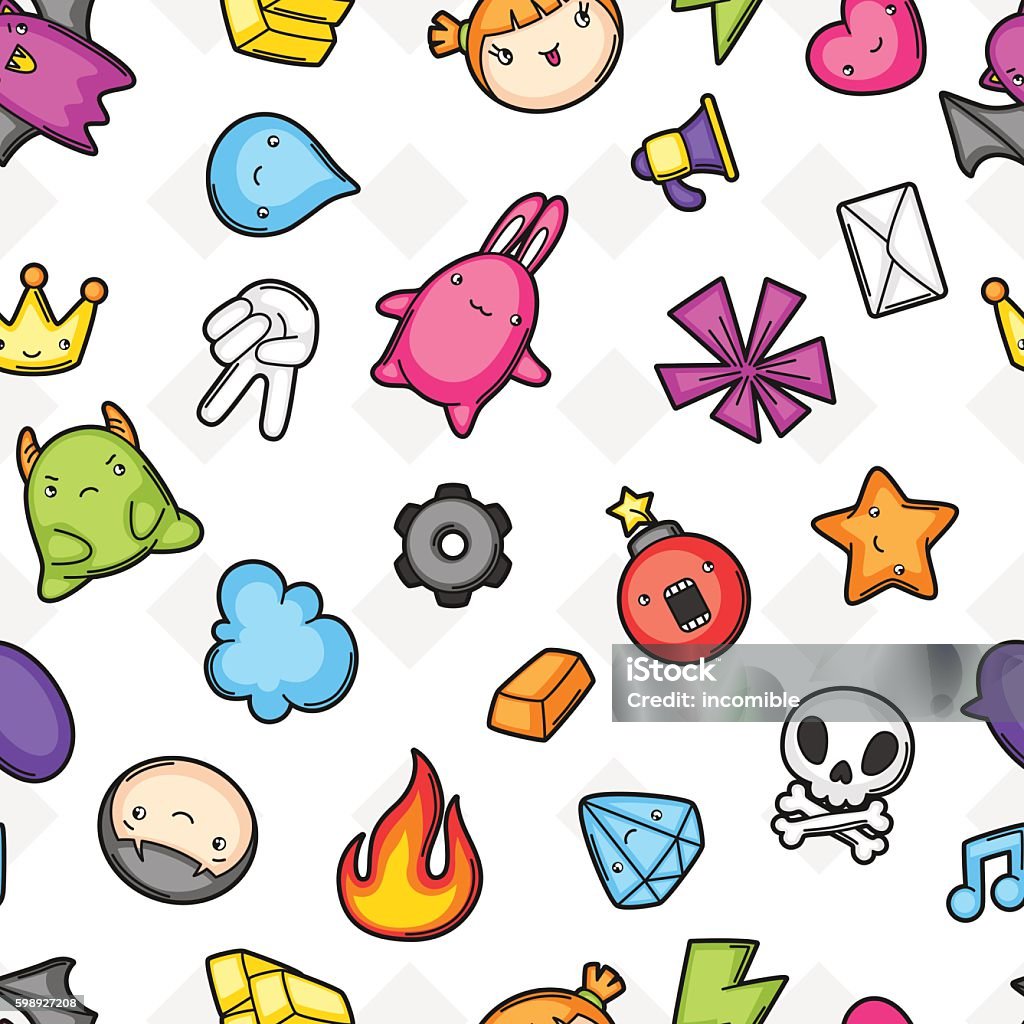 Game Kawaii Seamless Pattern Cute Gaming Design Elements Objects And ...