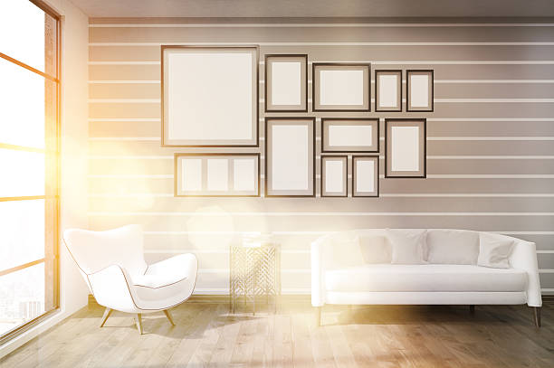 istock Sunlit living room interior with striped walls 598928108
