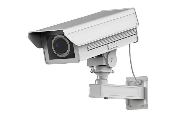 câmera de cctv branca ou câmera de segurança isolada em branco - câmara de segurança - fotografias e filmes do acervo